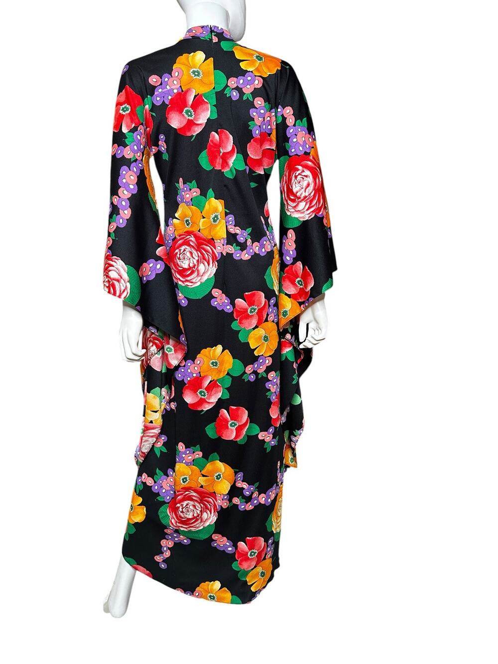 Custom 70s Floral Maxi Caftan Dress Black Mod Circle Sleeve Kaftan festival boho